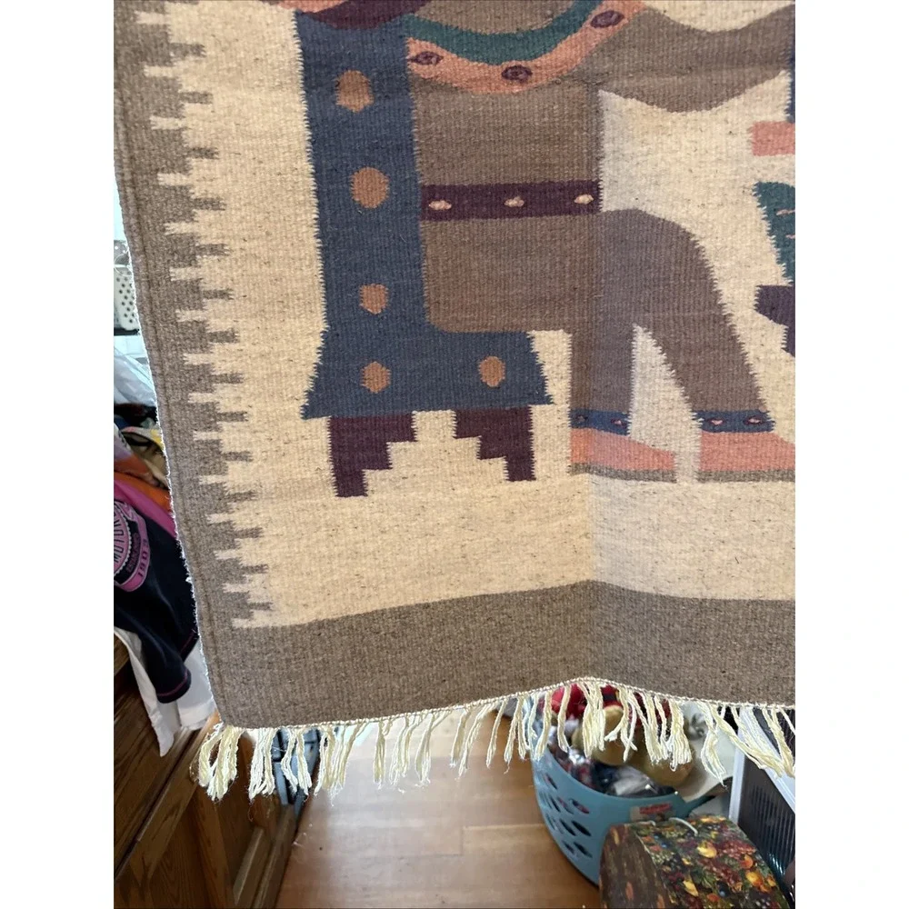Vtg Rug Wool Hand Woven Aztec Pictorial Mexico Tapestry Prayer Rug/ Hang 36